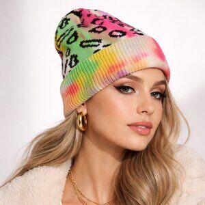 Ombre Animal Cheetah Print Knitted Beanie Purple Pink Tie Dye NWT